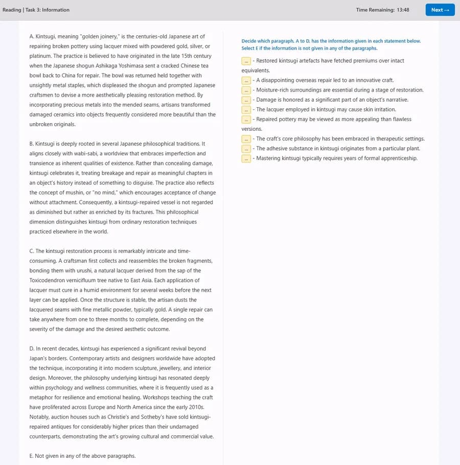Full mock exam interface